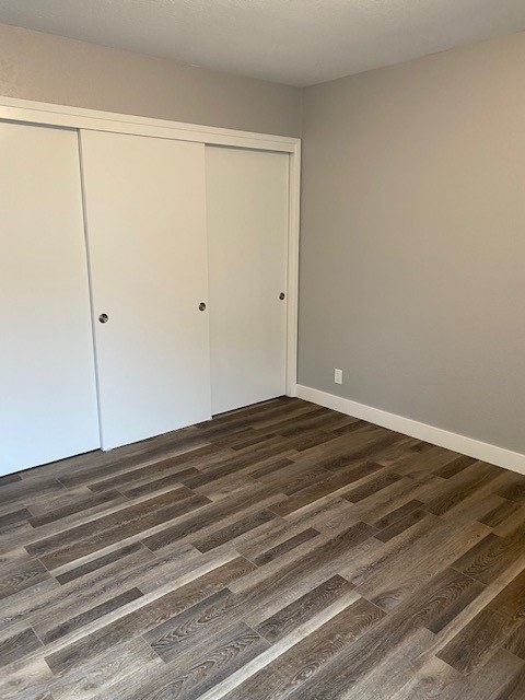 A room with a wood floor and two white doors.